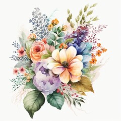 Obraz na płótnie Canvas Watercolor srping flowers bouquet. Illustration isolated on white background. Garden and wild, forest herb, flowers, branches isolated on white background.