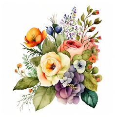 Watercolor srping flowers bouquet. Illustration isolated on white background. Garden and wild, forest herb, flowers, branches isolated on white background.
