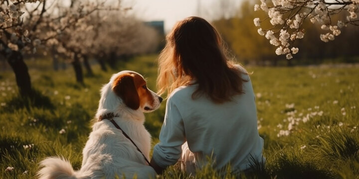 A young woman and a big dog are sitting side by side on the ground in a spring park, a view from the back and a close-up. Generative AI