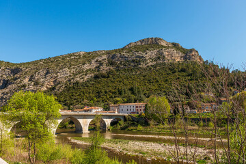 Landscape of the village of Anduze and the river Gardon, in the Cévennes, in Gard, Occitanie,...