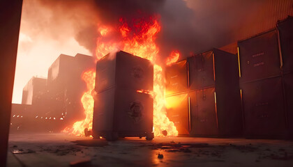 Fototapeta na wymiar Logistics warehouse burning. Concept Fire incident insured event. Generation AI.