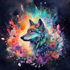 watercolor mysterious wolf Generative Ai