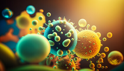 Colony Color bacteria and viruses of various shapes banner background. Concept of science and medicine. AI generation