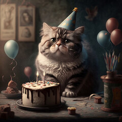 Cute fluffy cat celebrate second birthday with cake, candles and balloons. Funny pet animal illustration for festive card or banner. Generative AI