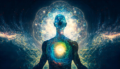 Fototapeta na wymiar Astral silhouette of human in cosmic space meditate. Back view man fly transcendental spiritual meditation. Generation AI