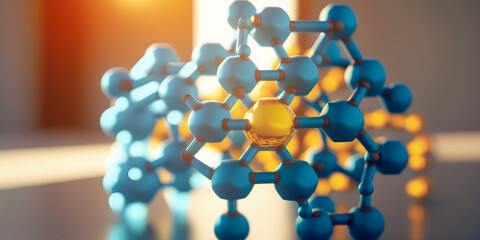 Technology molecule is structure of lattice connecting atoms. Chemical blue Banner with sun light. Generation AI