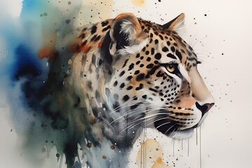 Fototapeta na wymiar portrait of a leopard, abstract watercolor painting, generative AI