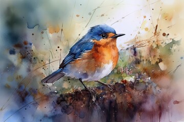 blue bird on a branch, abstract watercolor painting, generative AI