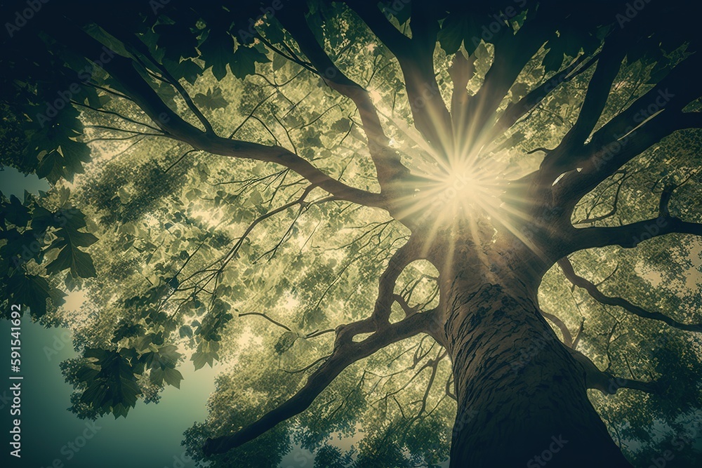 Aufkleber admiring the sun's rays as they filter through the leaves of an ancient tree. in the summertime, the