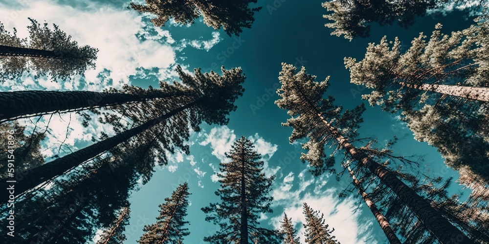 Poster the white sky and lofty pine trees are captured from a low viewpoint. generative ai