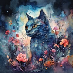 Obraz na płótnie Canvas watercolor mysterious cat Generative Ai