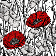 poppy drawing, seamless pattern, Generative AI