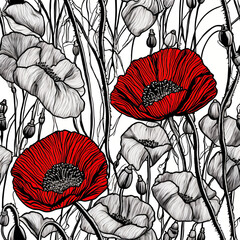 poppy drawing, seamless pattern, Generative AI