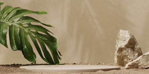 Minimal natural product display background. Stone rock and round podium, 3d rendering