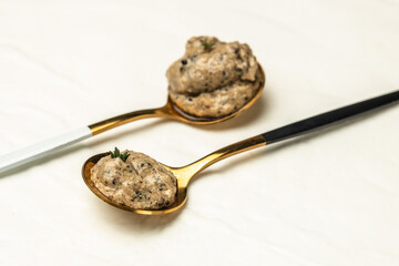Truffle Mushroom sauce on spoon on a light background. banner, menu, recipe place for text, top view