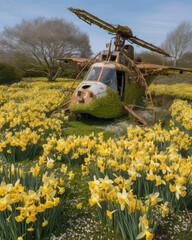 A rusty bulletridden helicopter is surrounded by a sea of delicate daffodils. Abandoned landscape. AI generation.