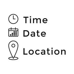 Date, time, location icon in flat style. Event message vector illustration on isolated background. Information sign business concept