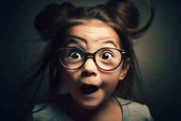 Fototapeta na wymiar Surprised girl with glasses makes a strange face of satisfaction, big eyes and open mouth. Surprise, happiness and astonishment concept. Generative ai