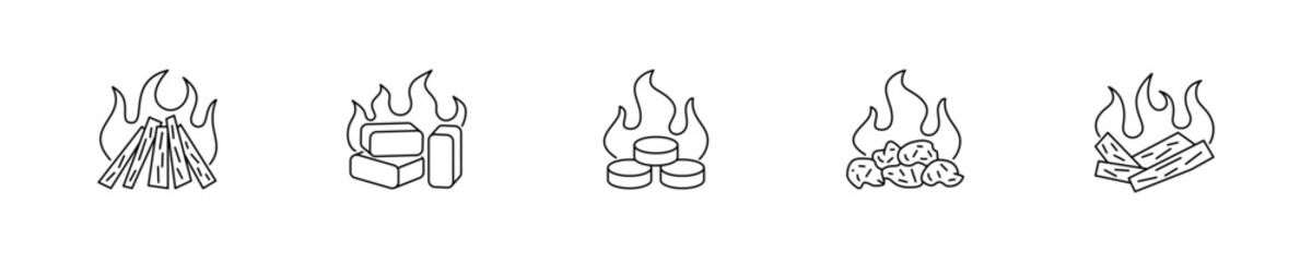 Bonfire Firewood Icon Set. Fuel briquettes, dry fuel, firewood, fire, heat, bonfire are presented.