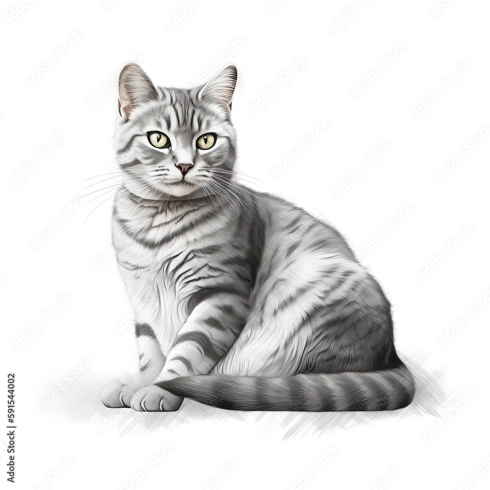 Poster a drawing of a cat sitting on a white background with a green eyed cat in the foreground and a black