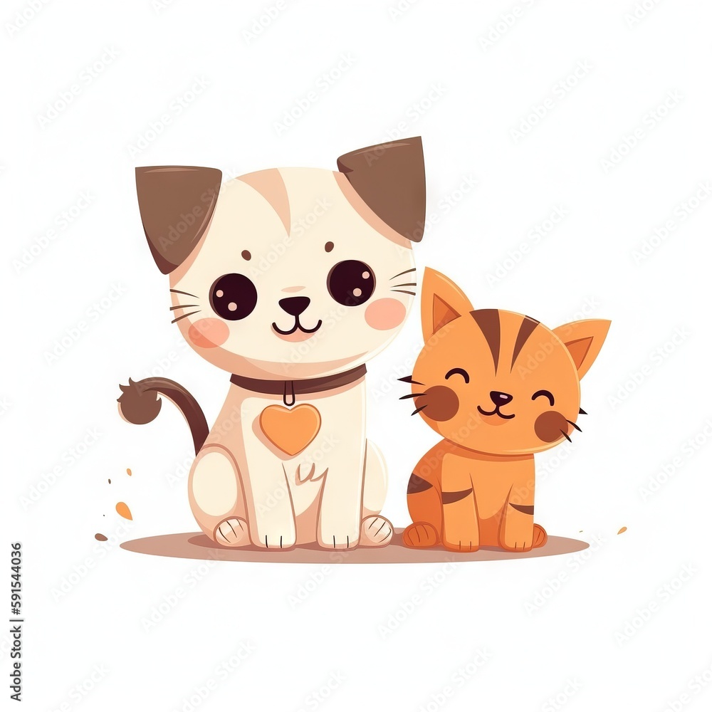 Poster a couple of cats sitting next to each other on a white background with a heart on its chest and a ca