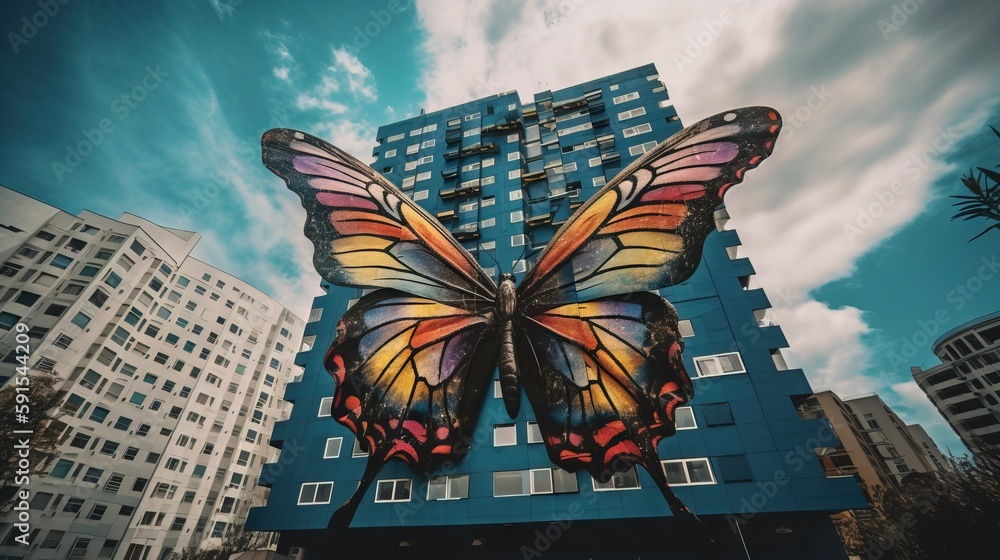 Poster a large butterfly statue in front of a tall building with a blue sky in the back ground and clouds i