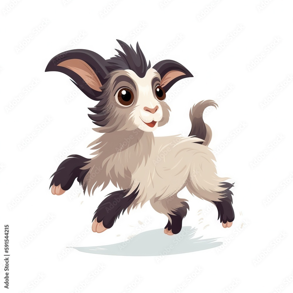 Poster a small goat running across a white background with a black tail and a black nose and a black nose a