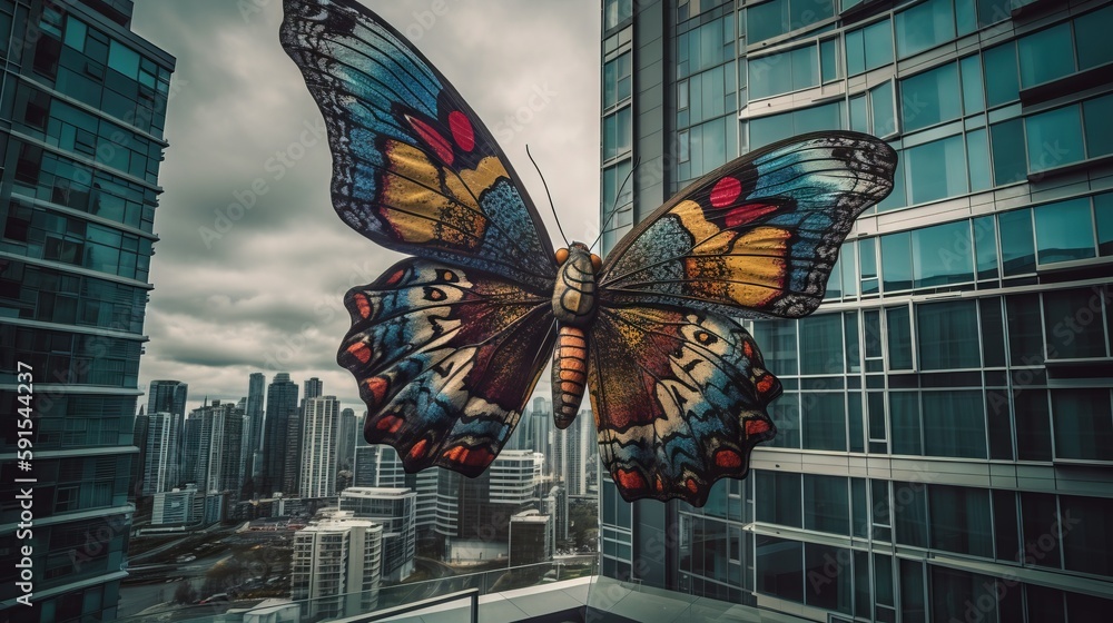 Poster a large butterfly flying over a city next to a tall building in a cloudy sky area with skyscrapers i