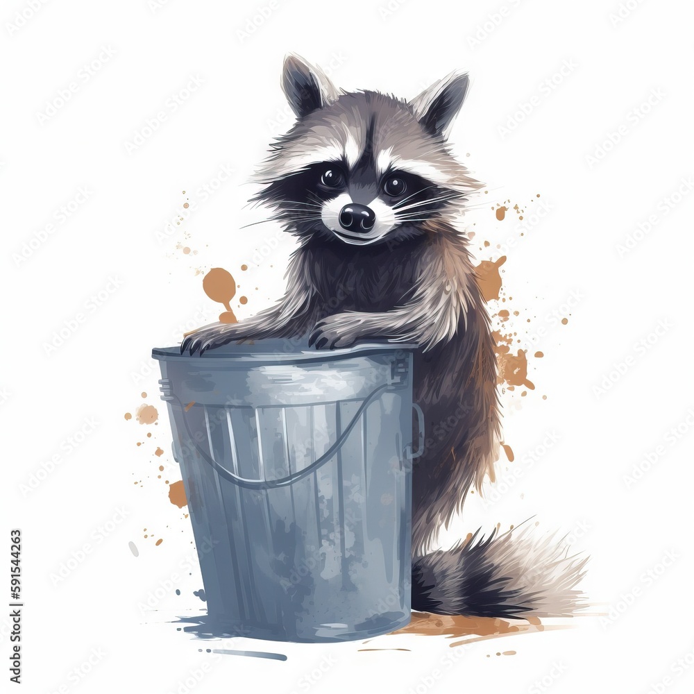 Poster a raccoon sitting on top of a trash can with its paws on the top of the trash can and looking at the