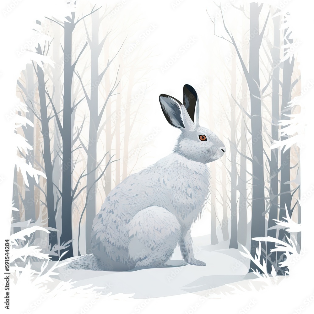Poster a white rabbit sitting in the snow in front of a forest filled with trees and snow covered ground wi