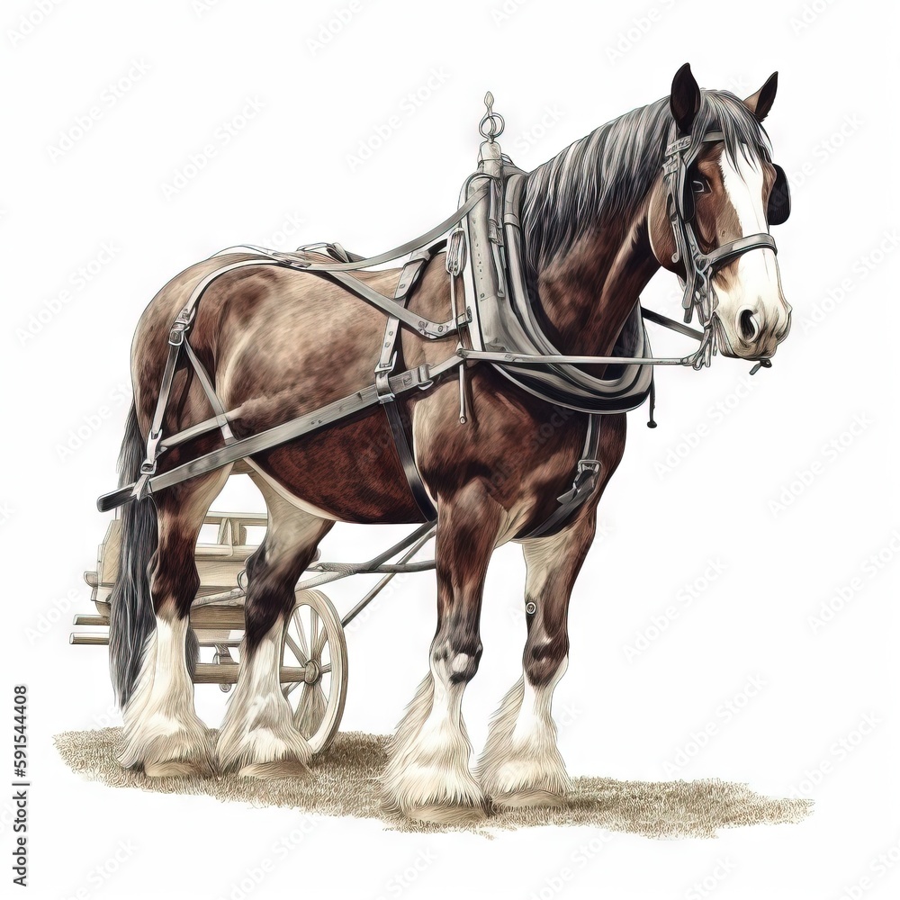 Poster a drawing of a horse pulling a wagon with a man in it on a white background with a white background 