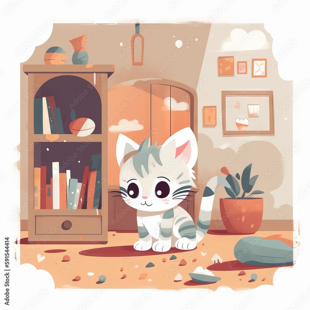 Poster a cat is standing in front of a book shelf with a plant in it and a potted plant in the corner of th