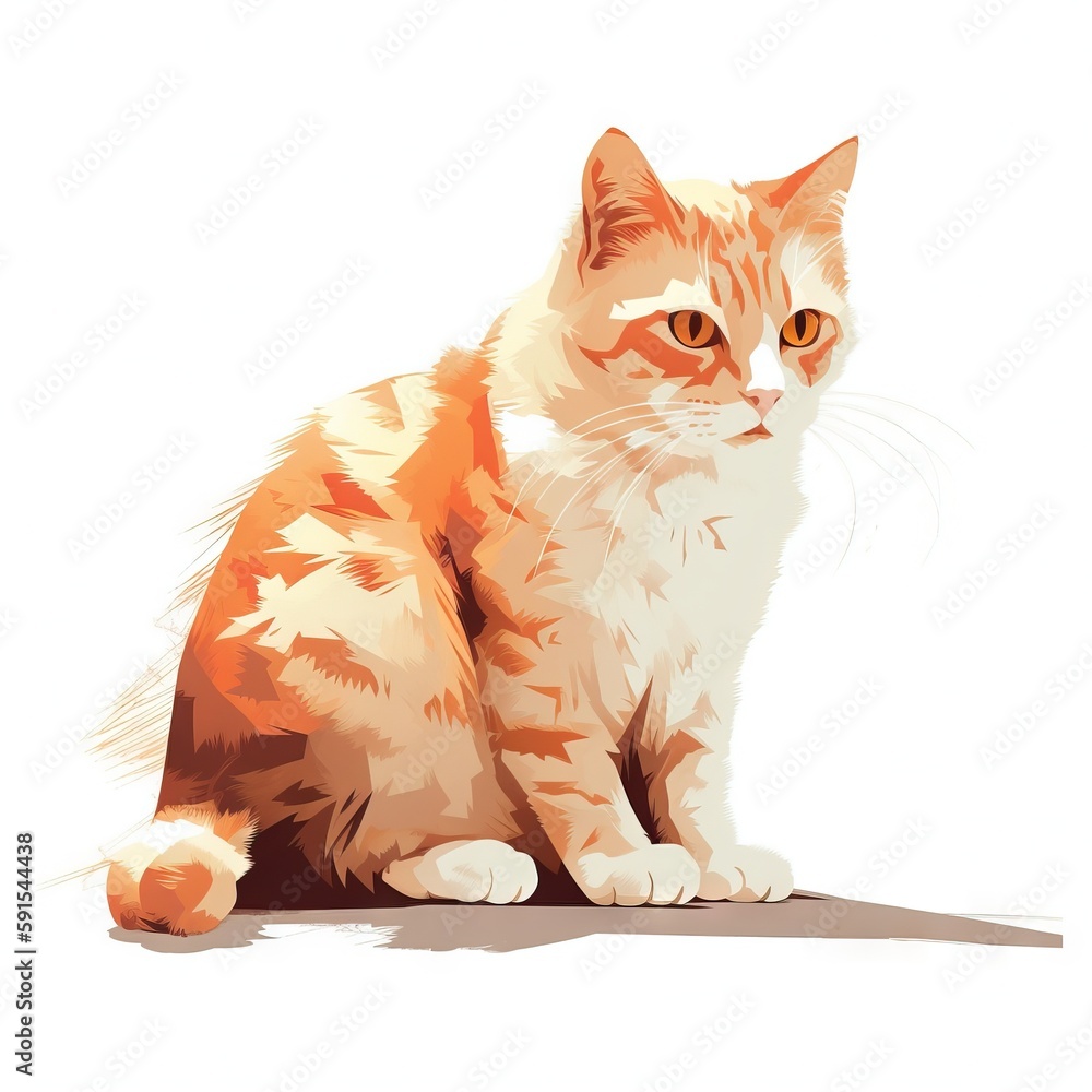 Poster an orange and white cat sitting on a white background with a shadow of its head on the ground and a 