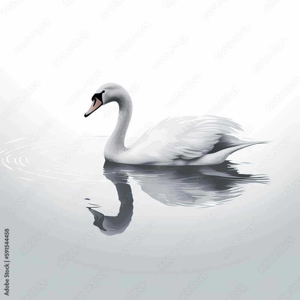 Poster a white swan floating on top of a lake next to a forest filled with green trees and a forest covered