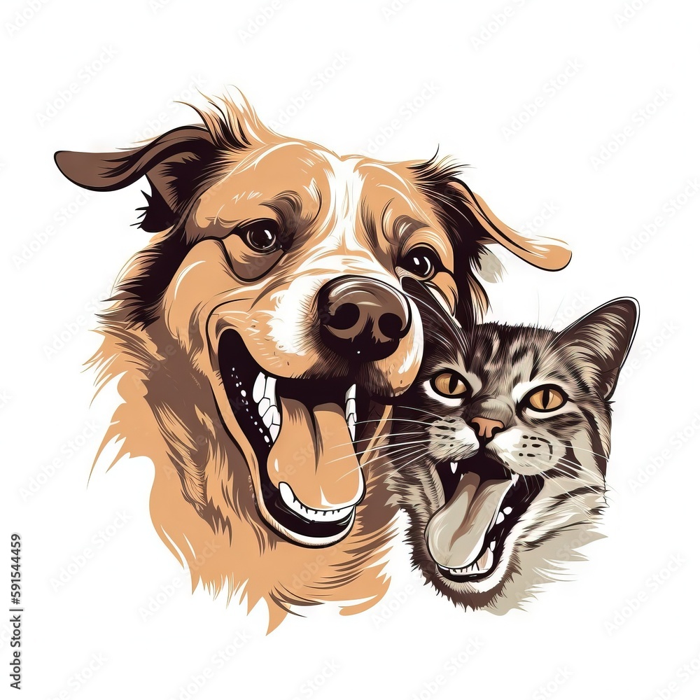 Poster a dog and a cat with their mouths open and their faces close to one another, with a white background