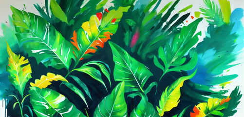 Fototapeta na wymiar Close Up of Green Leaves and Plants Gouache Painting Generative AI Art Illustration
