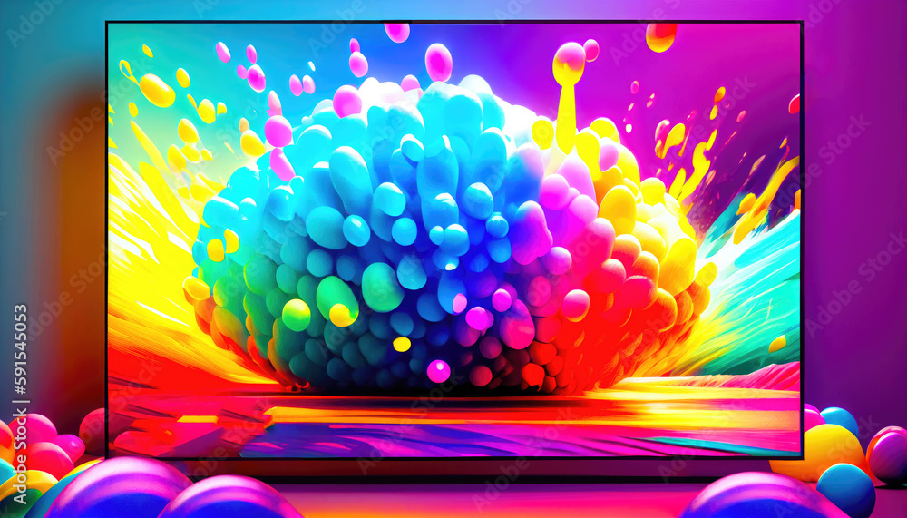 Poster colorful banner with abstract monitor screen with colorful balls, ai generation