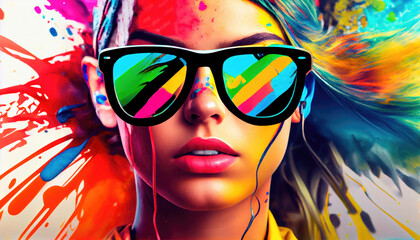 Colorful banner with portrait of a beautiful young woman with colorful hair and sunglasses, ai generation
