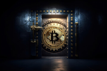 Bank vault door with Bitcoin symbol in dark room, protection of cryptocurrency concept, safety virtual currency, digital money. Generative AI.