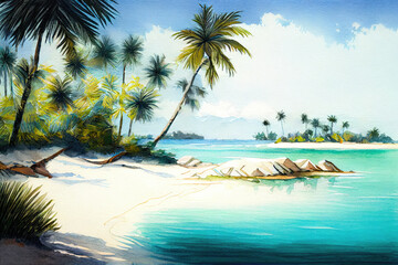 Fototapeta na wymiar Watercolor tropical beach with palm trees and blue sky, ai generation