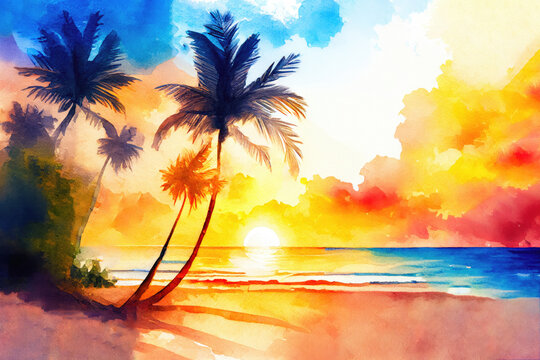 Watercolor tropical sunset on the beach, ai generation