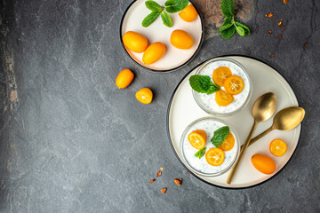 Kumquat chia pudding yogurt. healthy breakfast. superfood concept. Healthy, clean eating. Vegan or gluten free diet