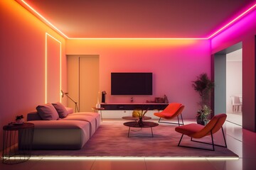 Salon moderne avec lumière led néon, generative ai