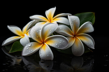 Closeup branch of Plumeria flowers lying in water on black background. AI generative