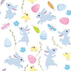 Happy Easter seamless pattern, cute blue bunnies and Easter eggs, willow trees, yellow chickens, bugs