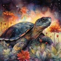 Fototapeta na wymiar Watercolor mysterious Turtle Generative Ai