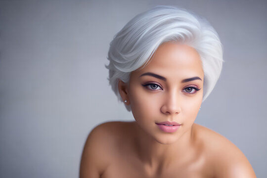 Close-up portrait of a sexy naked African woman with white lush short hair in a photo studio. Generative AI.