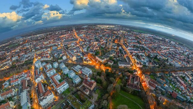 city of speyer germany europe evening aerial cityscape 360&deg; fly out