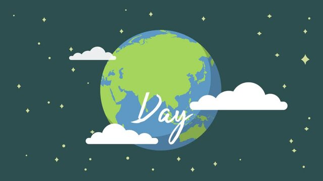 Earth day concept with handwriting text. Animation of earth day with spinning globe, stars, and cloud. Elements design for banner, poster, footage, and greetings.