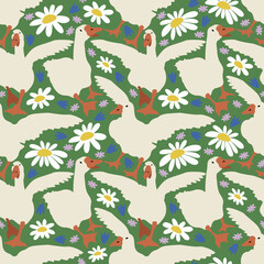 Vector seamless pattern with geese and wildflowers on pastel green background. 